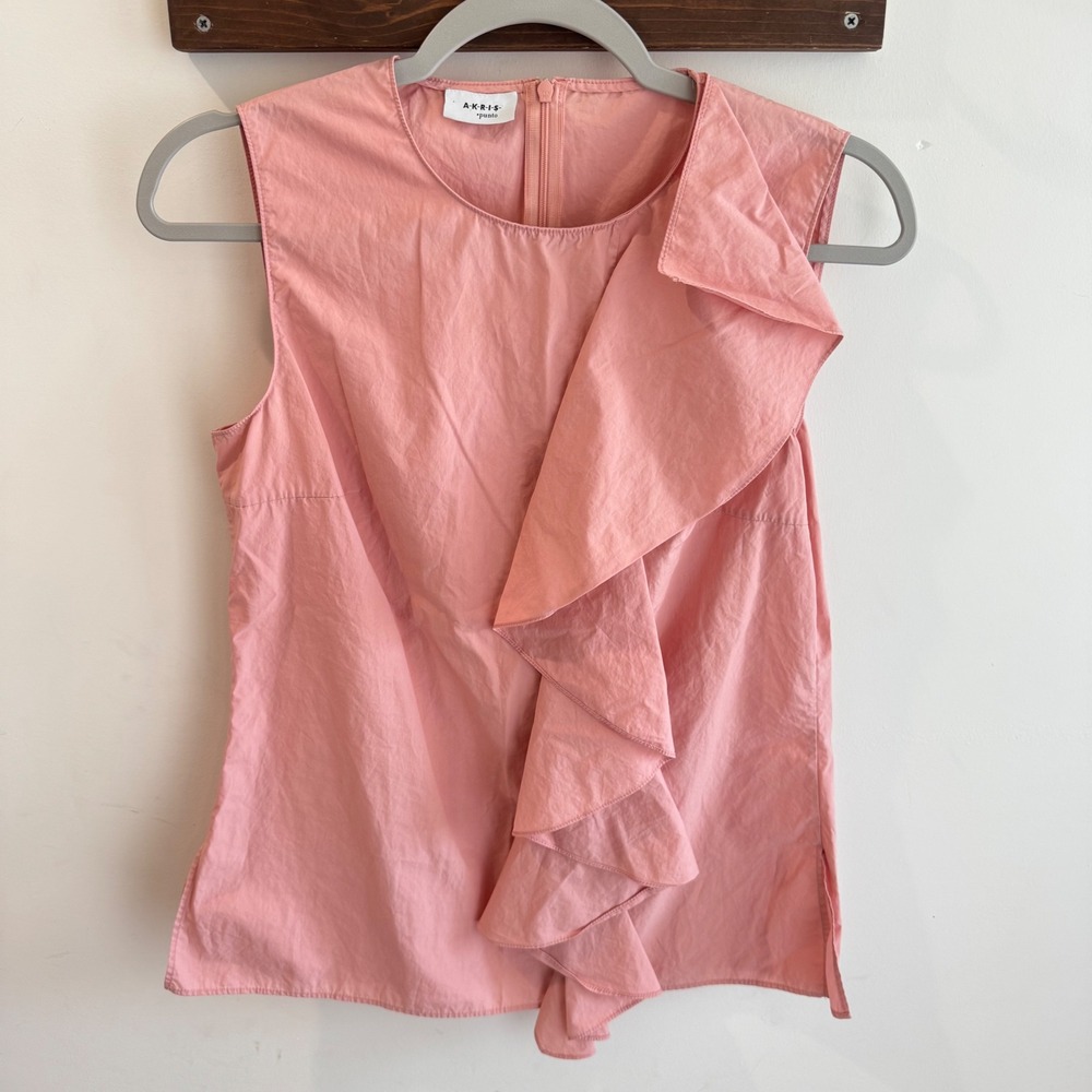 Akris Punto Pink Ruffle Front Sleeveless Poplin Top Blouse US 6 IT 42